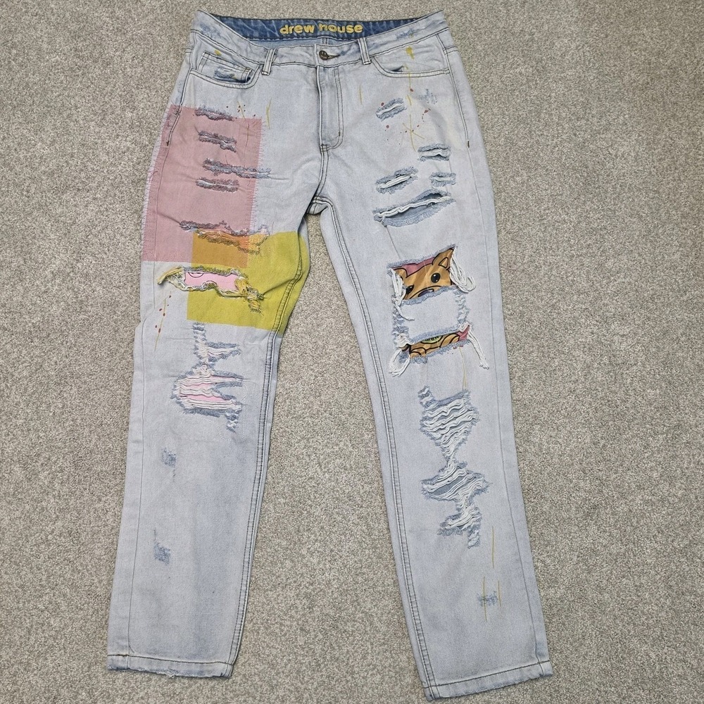 Drew House Unisex Blue Patchwork Denim Distressed Slim Leg Jeans Sz 32